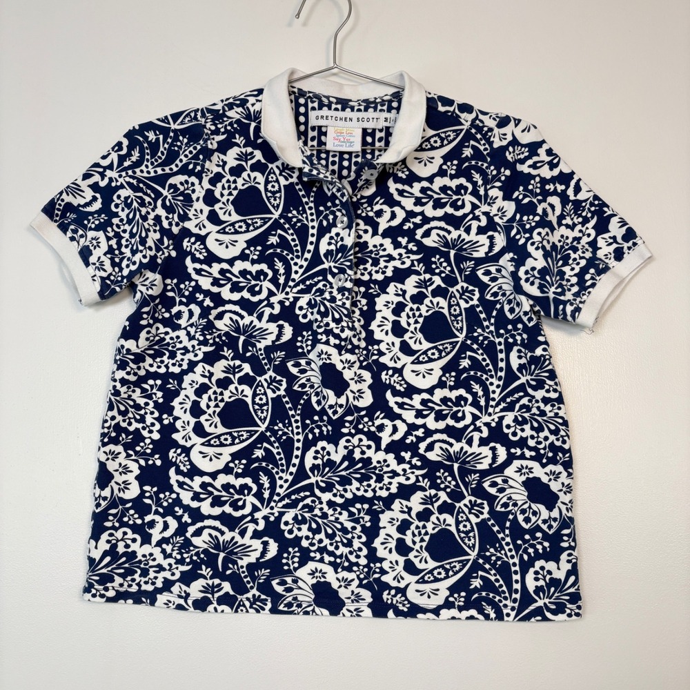Gretchen Scott Women Polo Shirt Size M Navy White Floral Paisley Short Sleeve